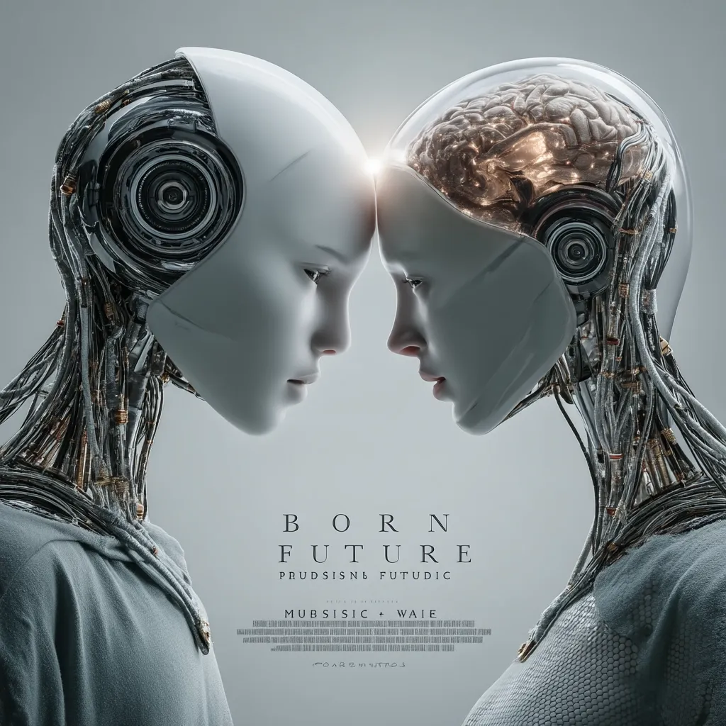 The poster showcases two androids, their heads gently touching.  One android's head reveals a glowing, intricate brain. The title "BORN FUTURE" is prominently displayed, along with the names Prudsine Futudic, Mubsisic, and Waie, suggesting a science fiction film focusing on artificial intelligence and possibly the emergence of consciousness in robots.  The overall aesthetic is sleek and futuristic.
