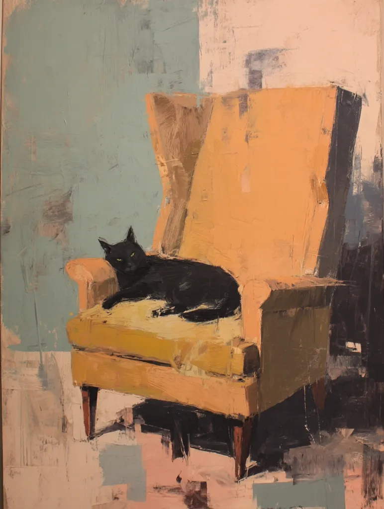 A contemporary oil painting depicts a black cat lounging on a mustard-yellow armchair. The chair's form is simplified, with visible brushstrokes conveying texture and depth.  The background features a muted palette of teal and peach, adding to the artwork's abstract, expressive style. The cat's dark form contrasts sharply with the chair and background, creating a focal point within the composition.  The painting's style is loose and evocative, prioritizing mood and atmosphere over precise detail.