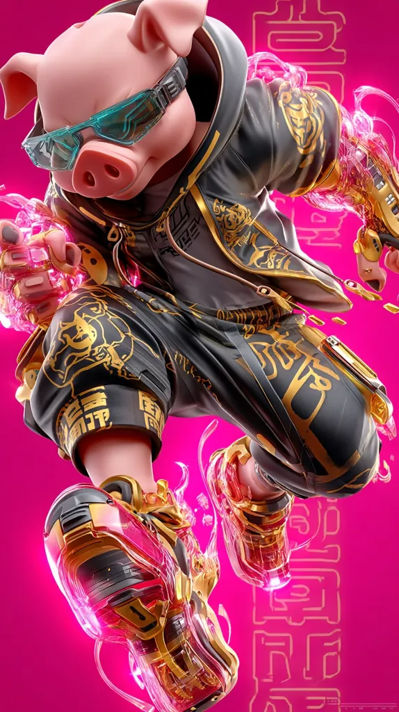 A stylized 3D rendering depicts a pig character, dressed in a futuristic, gold-accented black outfit.  The pig wears teal goggles and technologically advanced, translucent gold and pink shoes. The background is vibrant pink with stylized Chinese characters. The overall aesthetic is a blend of cyberpunk and traditional Chinese influences, suggesting a bold and dynamic personality.