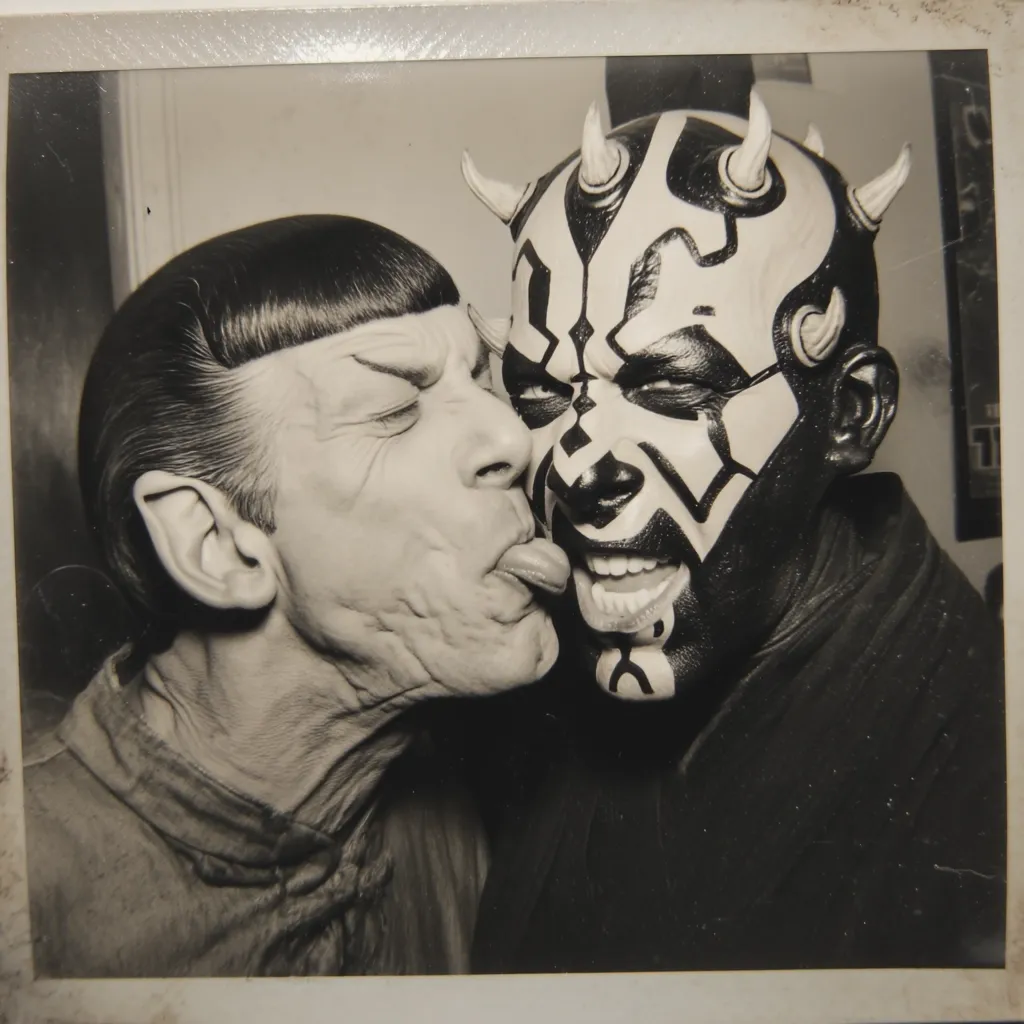 A black and white photograph shows a playful moment between two individuals.  One, resembling Spock from Star Trek, with pointed ears and a short haircut, is seen kissing a person in Darth Maul makeup from Star Wars.  The Spock character's tongue is playfully sticking out. The image captures a humorous juxtaposition of these iconic science fiction characters.