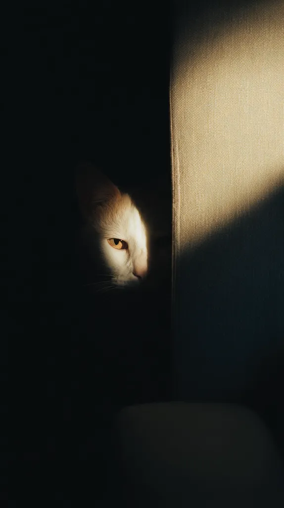A white cat with golden eyes peeks from behind a beige fabric surface.  Only its head and shoulders are visible, illuminated by a shaft of sunlight. The rest of the scene is shrouded in darkness, creating a dramatic contrast and a sense of mystery. The cat's expression is watchful and alert.