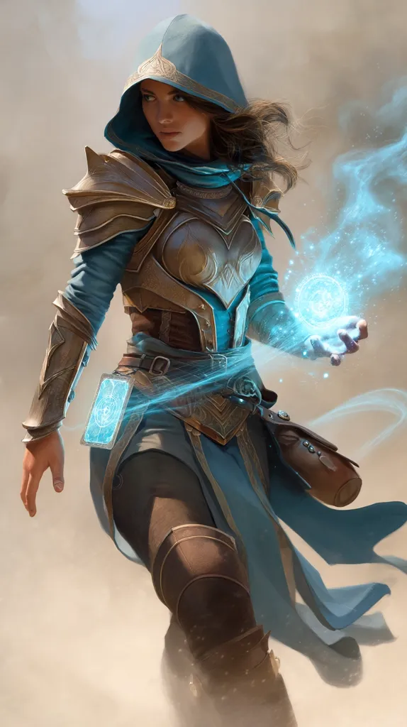 A female warrior, clad in ornate gold and blue armor, wields magical energy.  Her hooded cloak billows slightly, and she holds a glowing orb of light in her hand, streams of energy trailing behind it.  The detailed armor showcases intricate designs, hinting at a powerful and skilled magic-user. The overall aesthetic is fantasy-inspired, with a focus on a powerful yet graceful female character.
