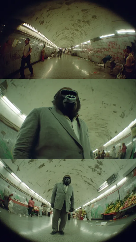 A triptych of images shows a gorilla in a suit in a subway station. The top panel depicts a bustling subway platform with graffiti-covered walls. The middle and bottom panels feature a gorilla, seemingly unfazed by the human activity around it, standing calmly in the same subway tunnel.  The fisheye lens effect distorts the perspective, emphasizing the surreal nature of the gorilla's presence. The overall atmosphere is gritty and slightly unsettling.