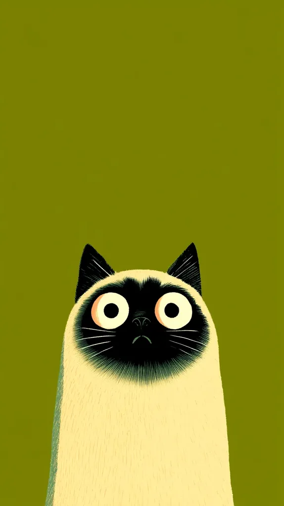 A stylized illustration features a Siamese cat against a muted olive-green background. The cat's head and upper body are shown, with large, expressive eyes and a dark mask.  Its creamy fur is depicted with textured strokes. The cat appears to be looking upward, creating a curious and slightly comical effect. The overall style is simple yet charming.