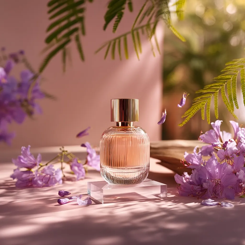 A bottle of perfume sits on a clear glass square, surrounded by delicate purple flowers and lush green foliage.  The perfume bottle is elegant with a rose-gold cap and ribbed glass body, filled with a light amber liquid.  Soft, natural light casts shadows on the pink background, creating a serene and luxurious atmosphere.  The overall image evokes a sense of femininity and floral fragrance.