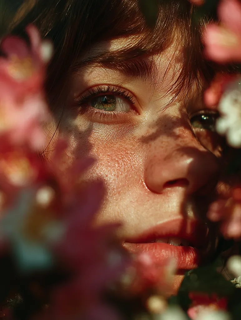 A close-up portrait of a young woman's face partially obscured by delicate, pink blossoms.  Her green eyes are visible, along with freckles and soft skin, illuminated by warm sunlight.  The flowers create a dreamy, romantic atmosphere, focusing attention on the woman's serene expression.  The overall mood is peaceful and intimate.