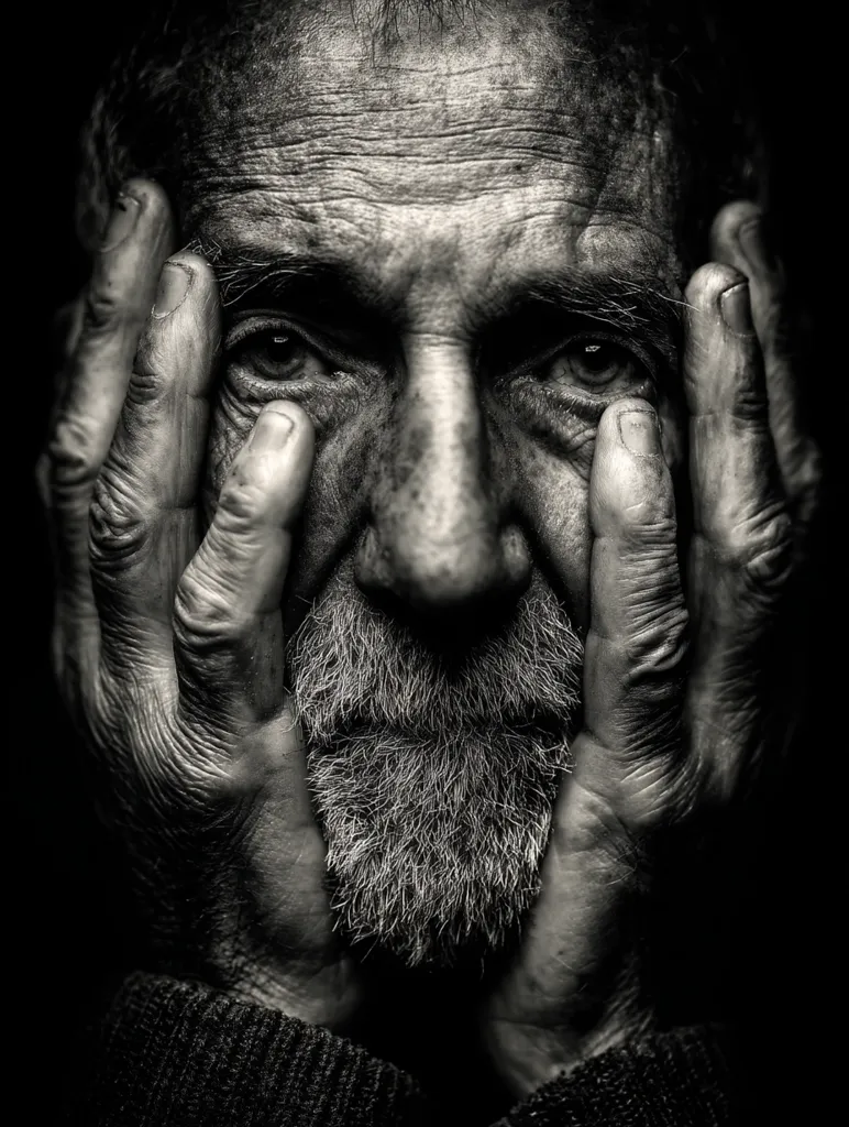 A black and white close-up portrait captures an elderly man's weathered face, his hands cradling his chin.  Deep wrinkles and lines etch his skin, reflecting a life lived.  His eyes, though shadowed, hold a profound sadness. The image evokes a sense of contemplation, loneliness, and the weight of years.  The stark contrast enhances the texture of his skin and the grey of his beard.