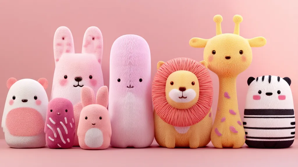 A charming row of plush toy animals sits against a pink background.  The collection includes a bunny, a fuzzy creature, a lion, a giraffe, a panda, and two smaller bunnies.  All are pastel-colored and feature simple, cute facial expressions, creating a soft and appealing image. The style is reminiscent of children's toys or illustrations.