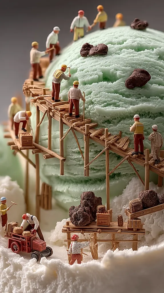 A miniature construction scene is meticulously crafted atop a scoop of mint chocolate chip ice cream.  Tiny figures, resembling workers, navigate wooden scaffolding and walkways, transporting chocolate chips and constructing small structures.  The scene blends the whimsical with the detailed, creating a surreal and captivating image. The ice cream serves as a unique and unexpected landscape.