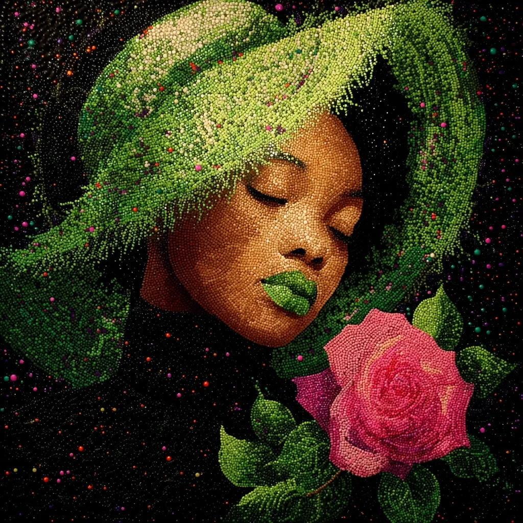 A close-up portrait of a woman, rendered in a mosaic of tiny beads, dominates the artwork.  Her eyes are gently closed, and she is adorned with a vibrant green hat or headpiece that cascades around her.  A single, bright pink rose with green leaves rests near her face, adding a touch of delicate beauty against the dark background speckled with colorful beads. The overall effect is one of serene beauty and exquisite detail.