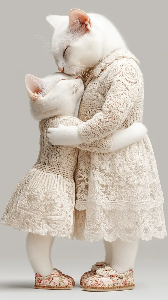 Two white kittens, dressed in delicate, cream-colored lace dresses and floral shoes, embrace in a heartwarming hug.  The smaller kitten rests its head on the larger one's shoulder, their eyes closed in peaceful contentment.  The image is softly lit against a neutral gray background, emphasizing the intricate detail of their attire and the tenderness of their affectionate gesture.