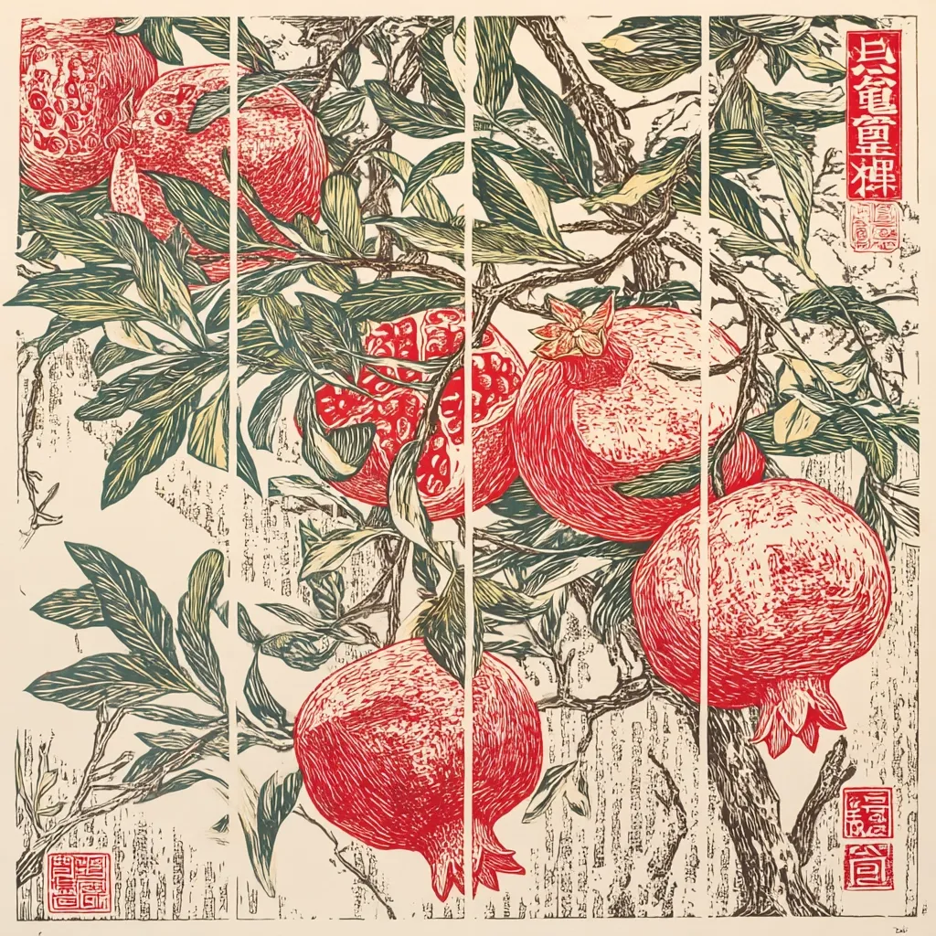 A vibrant woodblock print depicts a pomegranate tree laden with ripe, red fruit.  The artist uses a multi-panel composition, showcasing the pomegranates in various stages of ripeness and openness.  Green leaves and dark branches contrast against the creamy background.  Chinese characters are visible, possibly identifying the artwork or artist. The detailed style highlights the texture of both fruit and foliage.
