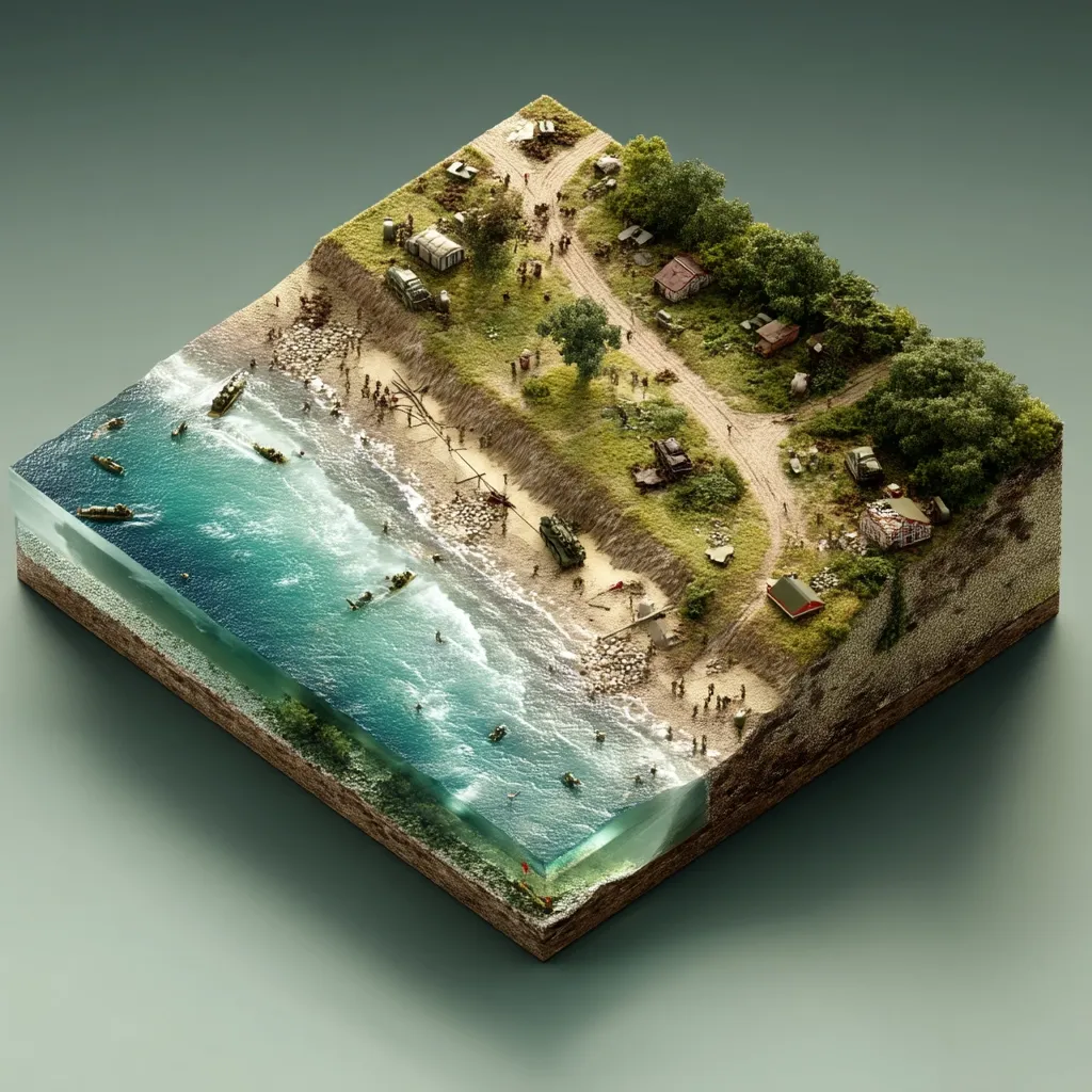 A diorama depicts a coastal scene, possibly a war zone.  A beach is shown with numerous small figures, boats, and military vehicles.  The land rises to a small village with damaged buildings and more figures. The ocean is turquoise, with more figures visible in the water. The entire scene is presented as a cross-section, revealing layers of earth and water.  The image evokes a sense of conflict and displacement.