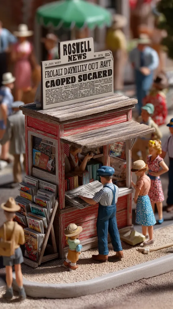 A meticulously detailed miniature scene depicts a bustling newsstand.  A red wooden kiosk displays various newspapers and magazines, including a headline reading "Roswell News".  Miniature figures, dressed in period clothing, interact around the stand; some are purchasing papers, while others stroll by. The overall setting is reminiscent of a 1950s American town.