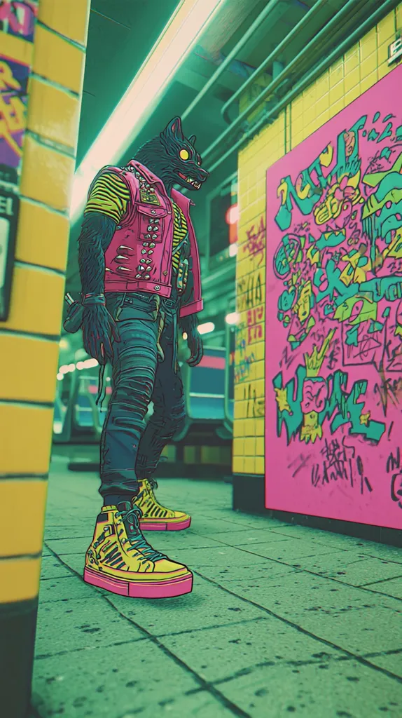 A stylized illustration of an anthropomorphic wolf in punk-inspired attire stands in a vibrant, graffiti-covered subway station.  The wolf wears a pink studded vest, striped shirt, dark jeans, and high-top sneakers. The background features bright yellow and teal walls, a pink graffiti mural, and blurred subway cars. The overall aesthetic is bold, retro-futuristic, and cartoonish.