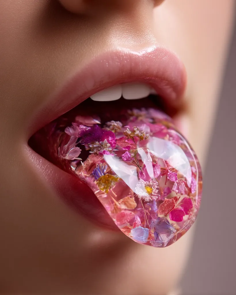 A close-up shot reveals a woman's lips parted to showcase a translucent object on her tongue.  The object is filled with an array of vibrant, pressed flowers in various shades of pink, purple, and white, creating a beautiful and unique effect. The image focuses on the detail and texture of both the lips and the floral inclusion, emphasizing a surreal and artistic aesthetic.