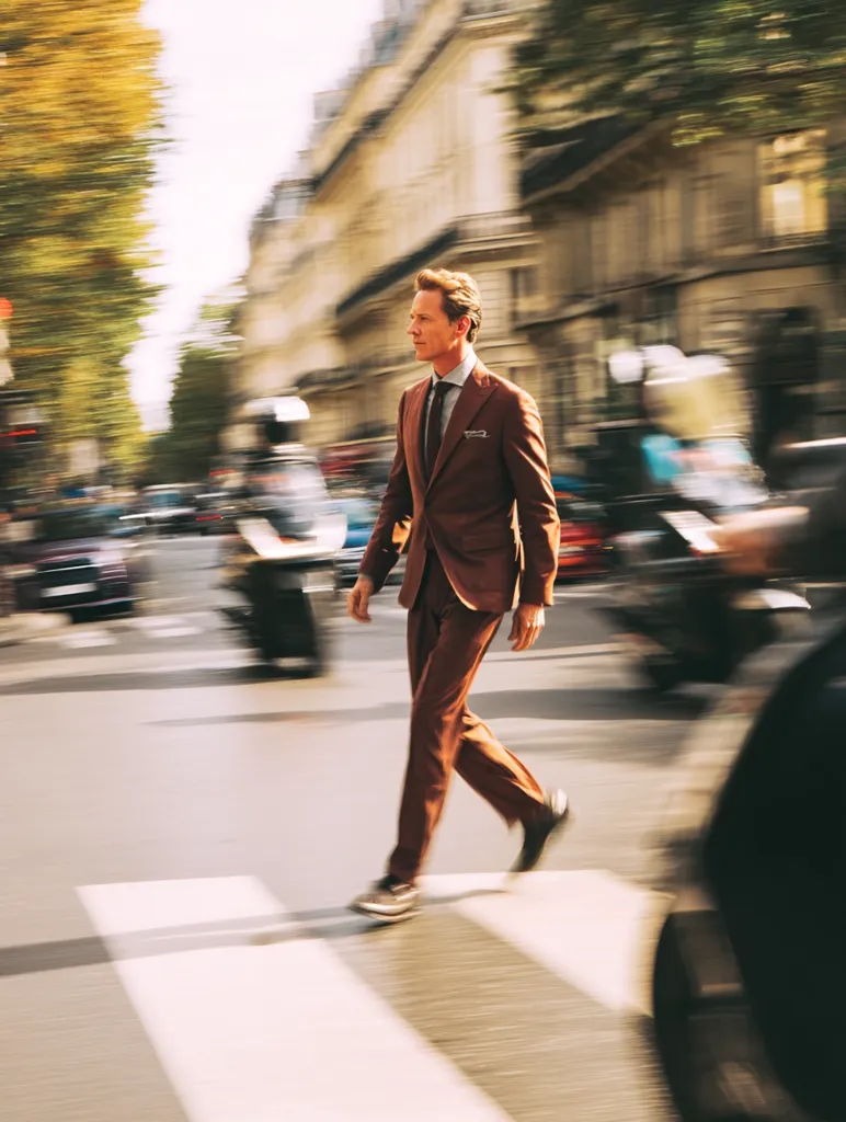 A man in a brown suit strides confidently across a Parisian crosswalk.  The background is a blur of motion, suggesting a bustling city street with cars and motorbikes whizzing past.  Sunlight illuminates the scene, creating a dynamic and stylish image. The man's posture and attire convey a sense of sophistication and purpose.
