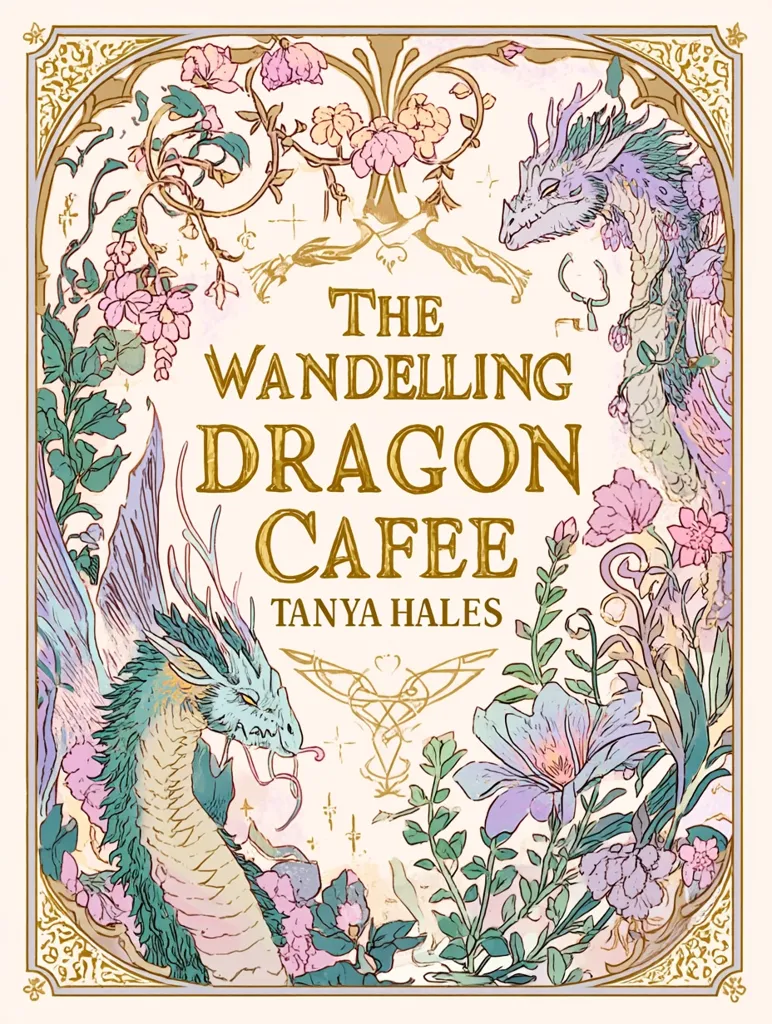 The book cover for "The Wandeling Dragon Cafe" by Tanya Hales features an ornate, Art Nouveau-style border.  Two pastel-colored dragons flank the title, nestled among delicate floral illustrations. The overall aesthetic is whimsical and enchanting, suggesting a fantasy setting with a touch of magical realism. The color palette is soft and dreamy, emphasizing a calm and inviting atmosphere.