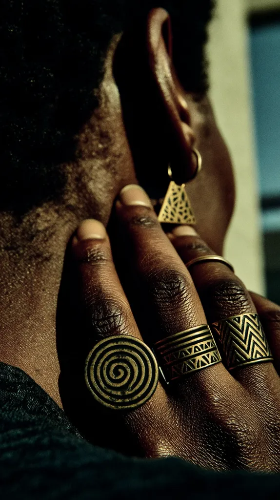 Close-up of a person's hand adorned with several gold rings featuring intricate designs, a spiral, geometric patterns, and a simple band.  A gold triangular earring hangs from their earlobe. The image is dark and moody, focusing on the texture of the skin and the metallic jewelry. The person's dark hair and neck are partially visible.