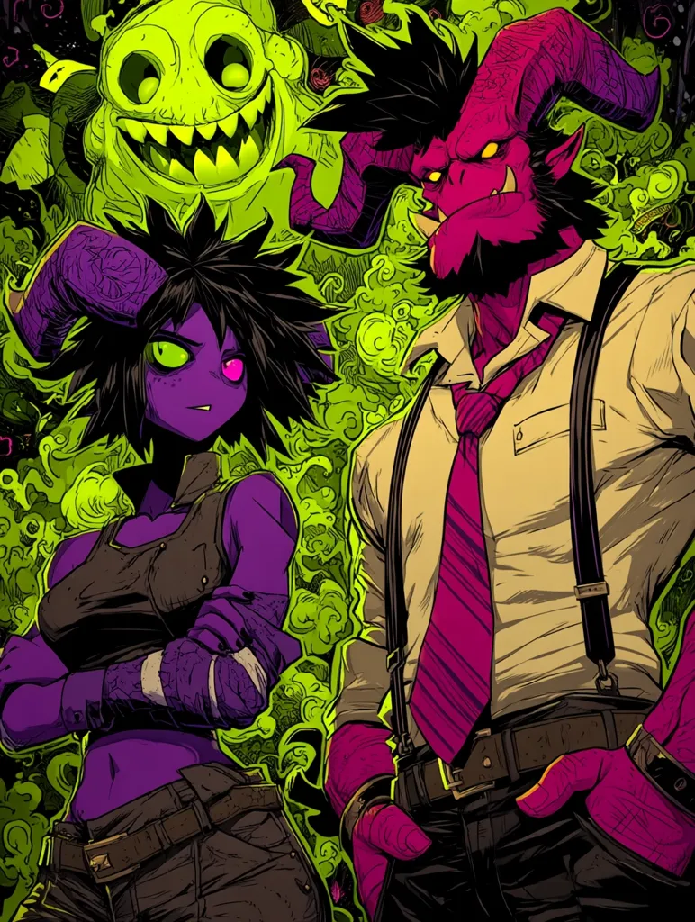 A vibrant illustration showcases two demonic figures against a backdrop of swirling green energy.  A female demon, purple-skinned with horns and bandaged arms, stands beside a larger male demon, red-skinned with horns, dressed in a tan shirt, suspenders, and a magenta tie.  A grinning, lime-green ghost-like creature lurks behind them, adding to the eerie, yet stylish, atmosphere.  The artwork is bold and dynamic, utilizing contrasting colors and sharp lines.
