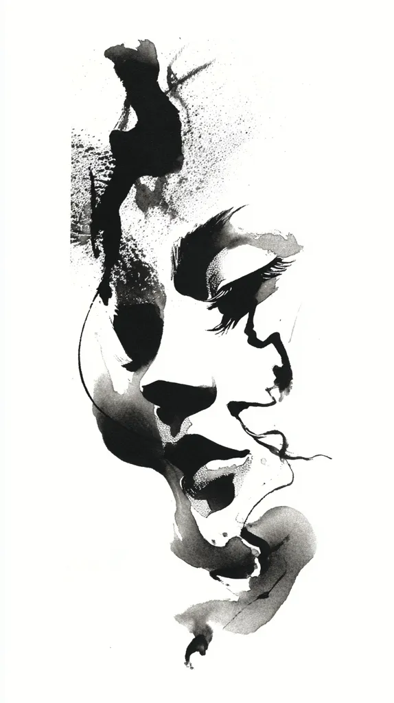 A striking monochrome ink painting depicts a woman's face in profile, rendered with expressive brushstrokes and splatters.  The style is abstract, emphasizing texture and emotion over precise detail.  The dark ink contrasts sharply with the white background, creating a powerful and evocative image.  The artist uses bold lines and shading to suggest features, focusing on the eyes and mouth to convey a sense of pensive reflection.