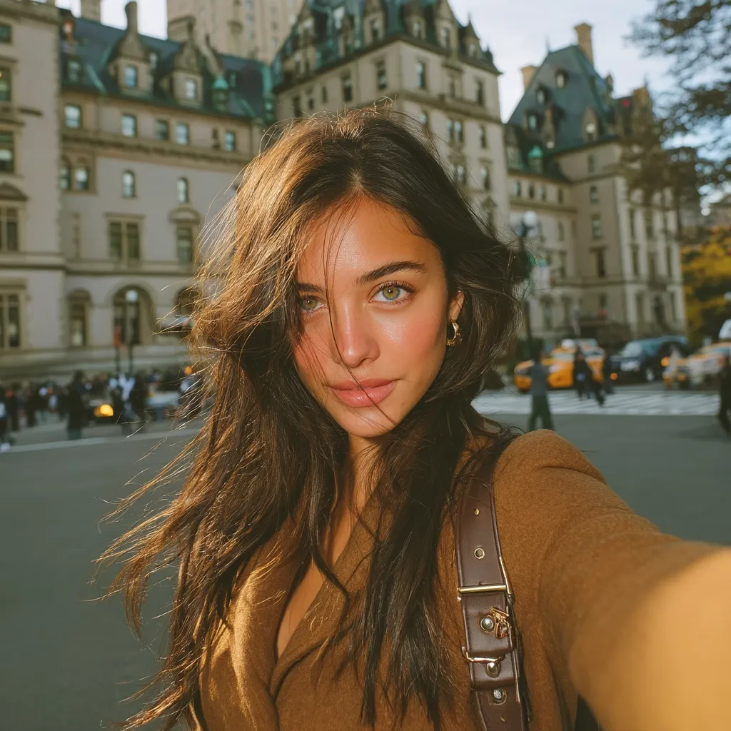 A young woman with long, brown hair takes a selfie in front of a grand city building.  She's wearing a brown blazer and a leather crossbody bag.  The sun catches her face, highlighting her green eyes and tan skin. The background shows a busy city street with cars and pedestrians.  Her expression is soft and engaging, creating a captivating portrait.