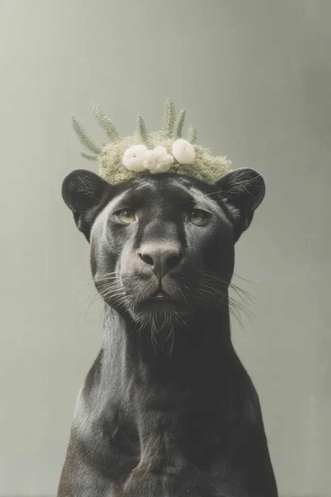 A black panther, regal and striking, is captured in a close-up shot.  A crown of delicate, light green foliage and small white blossoms adorns its head, creating a juxtaposition of wildness and elegance. The panther's gaze is direct, its expression serious and captivating against a muted, soft green background. The image evokes a sense of sophisticated beauty and power.