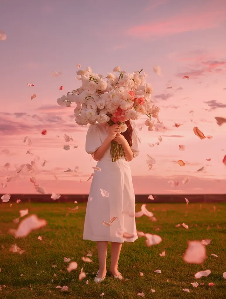 A woman in a white dress stands in a field at sunset, her face hidden behind a large bouquet of white and pink flowers.  Petals fall around her, creating a magical, ethereal atmosphere. The sky is a soft pink hue, enhancing the romantic and serene mood of the image. The overall feeling is one of delicate beauty and peaceful tranquility.