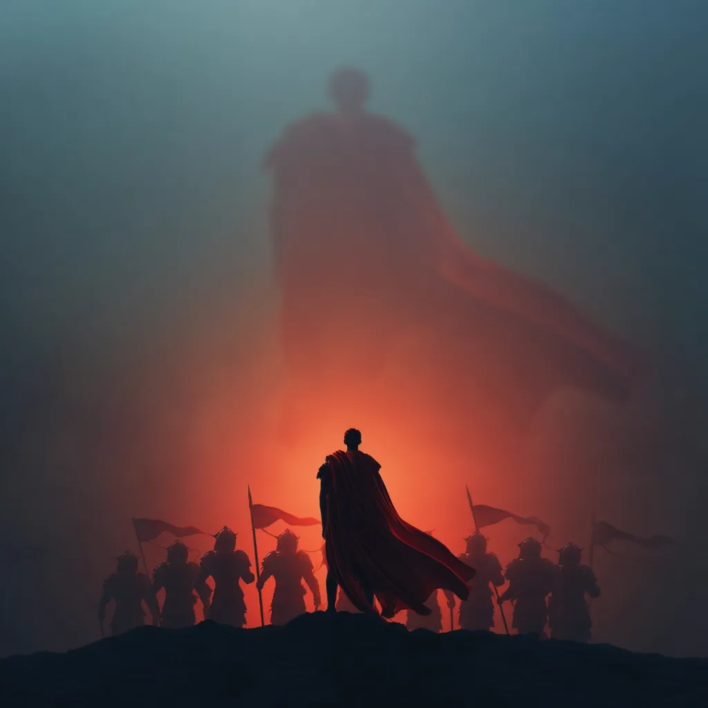A lone figure, cloaked in red, stands before a line of silhouetted warriors.  Behind him, a colossal, shadowy figure looms, possibly a deity or ancestor.  The scene is bathed in an ominous, orange-red light, suggesting a battle or momentous occasion.  The image evokes themes of leadership, heritage, and impending conflict.