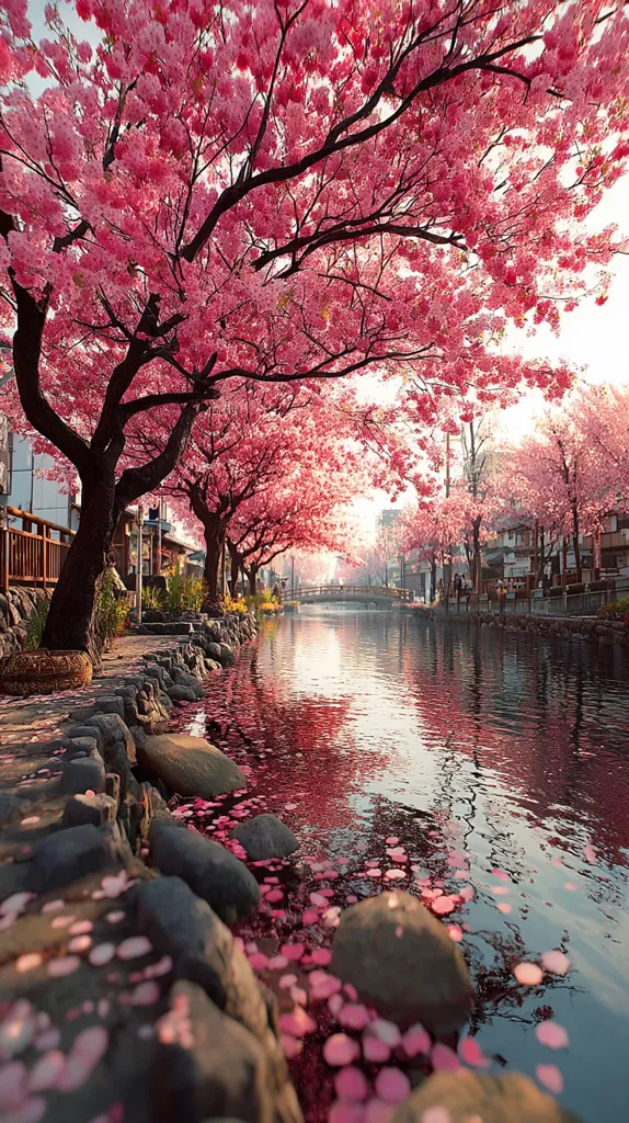 A picturesque canal scene in Japan is adorned with vibrant pink cherry blossoms.  Full-bloom sakura trees line the waterway, their blossoms falling onto the calm water, creating a breathtaking spectacle.  Dark stones border the canal, contrasting beautifully with the delicate pink petals. The tranquil atmosphere is enhanced by a small bridge in the distance and traditional buildings lining the canal's edge.