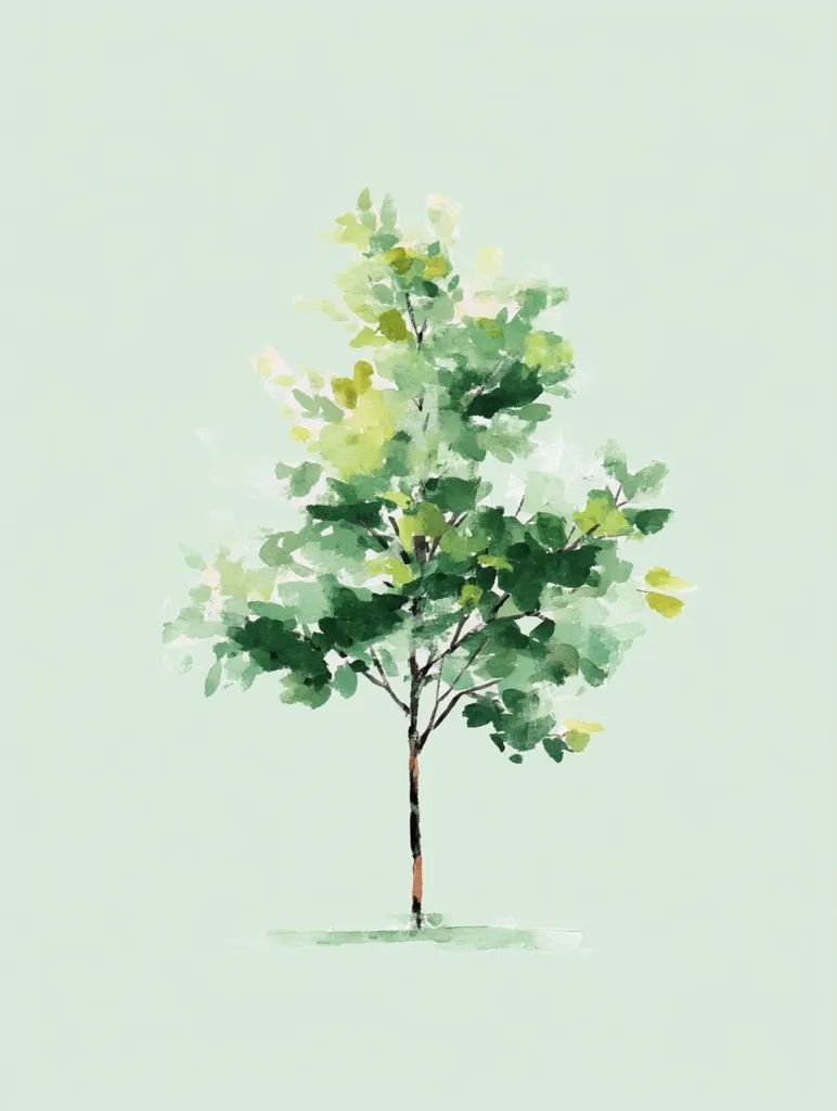 A watercolor painting depicts a single tree against a pale green background. The tree has a slender, dark brown trunk and a full crown of loosely painted green leaves, suggesting a light, airy style.  The overall impression is one of serene simplicity and natural beauty. The artist uses washes of color to create a soft, delicate effect.