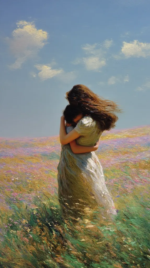 A woman with long brown hair stands in a field of wildflowers under a bright blue sky.  She embraces a smaller figure, her light dress flowing gently in the breeze. The vibrant colors of the flowers contrast with the soft hues of her dress and the clear sky, creating a serene and emotional scene. The overall impression is one of tenderness and peace.