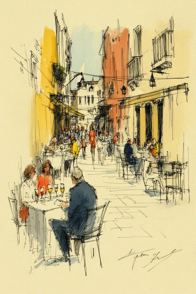 A lively outdoor café scene unfolds in a narrow, sun-drenched alleyway.  Tall buildings with warm-toned facades flank the path.  People are seated at tables, enjoying meals and drinks, while others stroll by. The artist's quick, expressive brushstrokes capture the bustling atmosphere, creating a sense of movement and energy in this charming urban setting.  The style is loose and impressionistic, emphasizing the overall mood rather than precise detail.