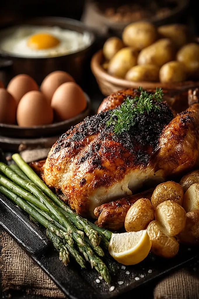 A roasted chicken, glistening with a browned, crispy skin, is the centerpiece of a rustic feast.  Surrounding it are roasted potatoes, vibrant green asparagus spears, a lemon wedge, and a bowl of eggs.  In the background, a bowl of additional potatoes and a dish of fried eggs add to the hearty, home-style meal.  The scene is dark and moody, emphasizing the richness of the food.