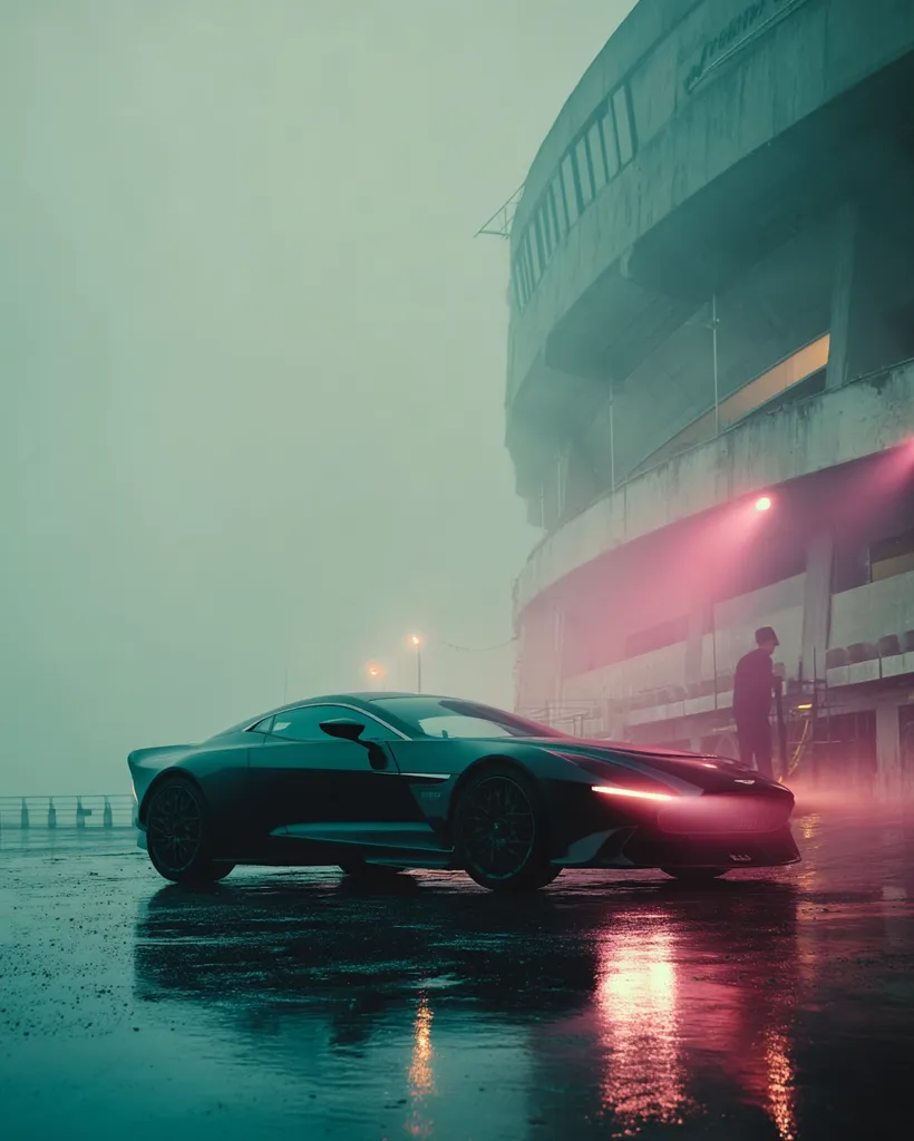 A sleek, dark sports car sits parked on a rain-slicked surface in front of a large, circular concrete structure shrouded in fog.  Pink neon lights cast an ethereal glow, illuminating the car and reflecting in the wet pavement. A lone figure stands in the background, adding to the atmospheric, almost cinematic scene. The overall mood is mysterious and moody.