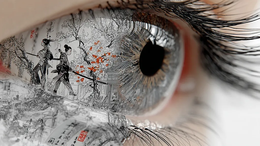 A close-up of an eye, with an intricately detailed ink drawing reflected on the iris. The artwork depicts a scene of figures in traditional East Asian clothing walking through a landscape with trees and buildings. The image blends the eye's texture with the delicate lines and shading of the drawing, creating a captivating visual effect. The contrast between the eye's natural features and the superimposed artwork highlights the beauty and depth of both elements.