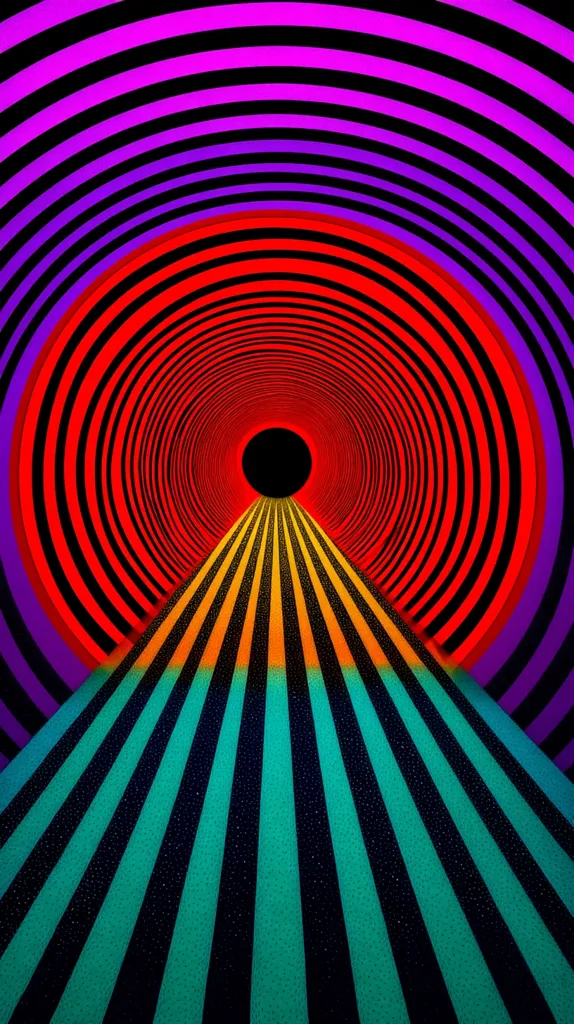 A vibrant abstract image features a tunnel-like structure with concentric circles in shades of purple, red, and black.  A path of teal and orange striped lines emerges from the tunnel's center, converging towards the viewer.  The overall effect is a hypnotic, psychedelic visual experience, possibly suggesting depth and perspective.  The color contrasts and the geometric patterns create a dynamic and captivating design.
