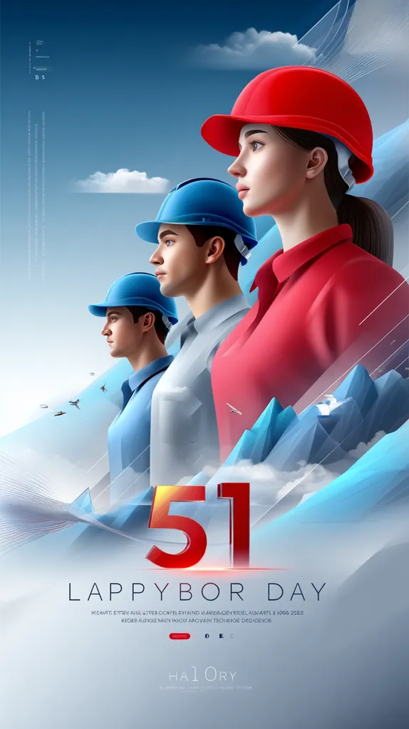 A vibrant illustration celebrates "Lappybor Day," featuring three individuals in hard hats, symbolizing labor. The central figure, a woman in a red hat, stands prominently, flanked by two men in blue and light blue hats.  The number "51" is displayed prominently, possibly signifying a year or anniversary.  The background showcases a stylized, mountainous landscape, blending blue hues and white clouds. The overall aesthetic is modern and dynamic.