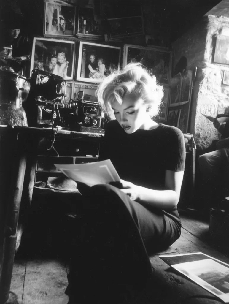 A black and white photograph captures Marilyn Monroe seated on a wooden floor, engrossed in reading a document.  The room is dimly lit, cluttered with photographs and dark furnishings.  The walls are adorned with numerous framed images, adding to the intimate, almost claustrophobic atmosphere.  Marilyn's iconic blonde hair is styled softly, and her expression is focused and contemplative. The overall mood is one of quiet intensity and artistic introspection.