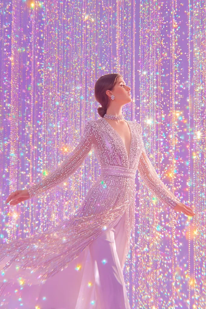 A woman in a sparkling, light purple gown stands amidst a curtain of shimmering, iridescent strands. The dress features long sleeves, a V-neckline, and a flowing train.  Her pose is elegant, her head tilted slightly upward, suggesting a sense of wonder or grace. The overall effect is dreamy and ethereal, creating a magical atmosphere.
