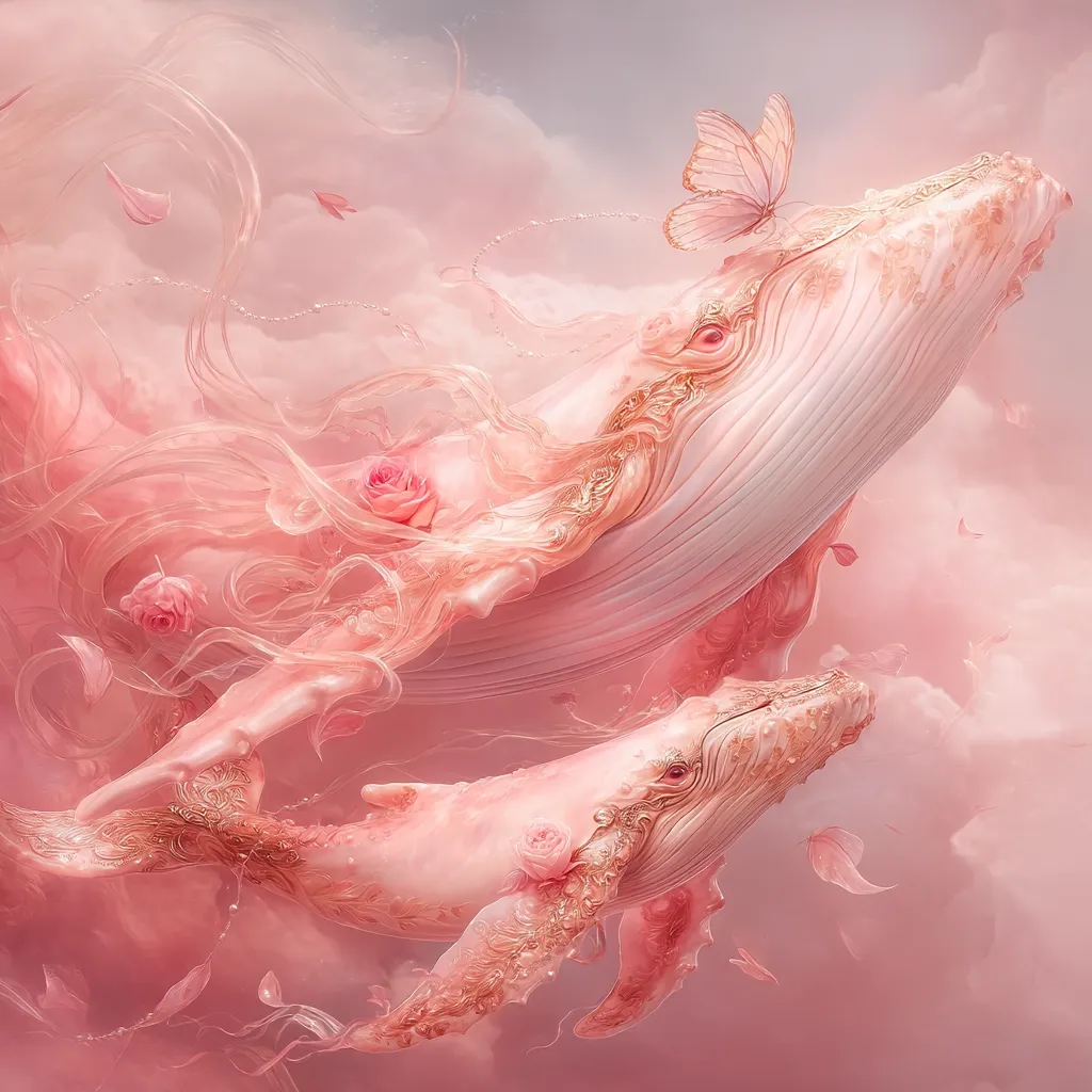 Two delicately rendered pink whales, adorned with ornate gold filigree, swim amidst a dreamy, rose-petal strewn cloudscape.  A single butterfly rests on the larger whale.  The scene is ethereal and romantic, conveying a sense of whimsical beauty and gentle grace.  Soft pink and gold hues dominate the artwork, creating a serene and enchanting atmosphere.