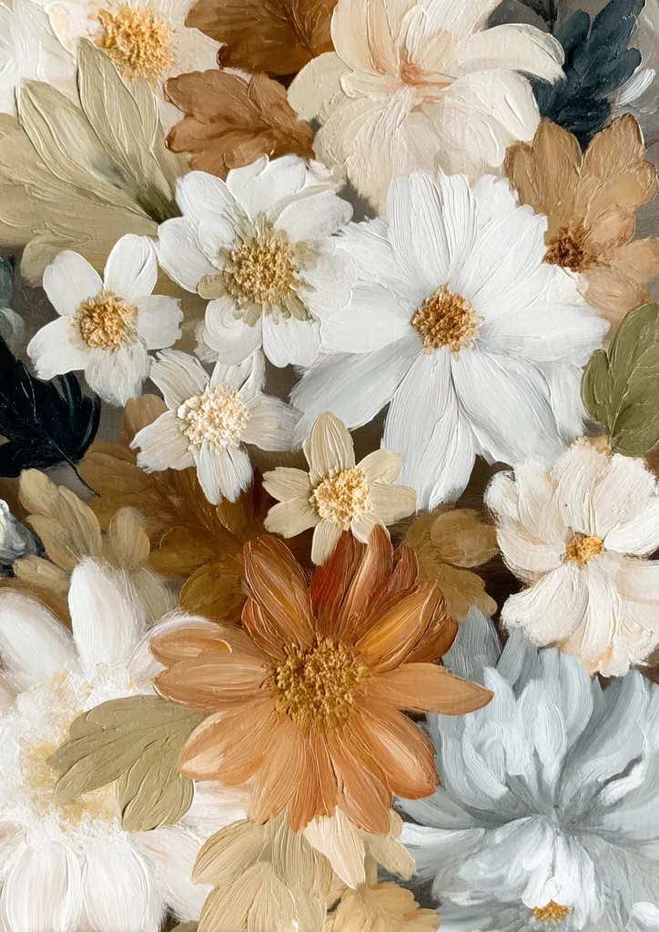 A close-up painting showcases a vibrant bouquet of flowers in warm, earthy tones.  Creamy white daisies with golden centers are prominent, interspersed with flowers in varying shades of brown and beige, exhibiting textural brushstrokes.  The palette evokes a feeling of warmth and tranquility, with the flowers densely clustered together in a rich composition. The impasto technique adds depth and dimension to the floral arrangement.