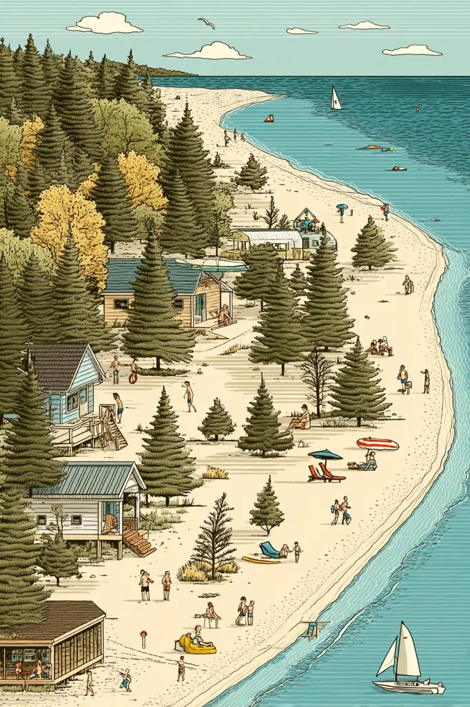A detailed illustration depicts a serene lakeside scene.  Numerous cozy cabins nestle amongst lush evergreen trees along a sandy beach.  People relax, swim, and play on the shore, while sailboats dot the calm blue water. The overall style suggests a peaceful summer day at a lakeside resort or community.  The image evokes a sense of quiet tranquility and the joy of a vacation getaway.