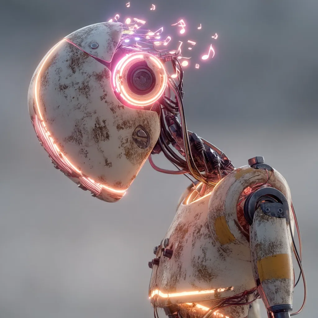 A weathered, off-white robot with exposed wiring and glowing neon accents.  Musical notes emanate from its head, suggesting a connection to music or creativity.  The robot's design is intricate, showcasing a blend of aged surfaces and advanced technology. Its posture is slightly slumped, conveying a sense of weariness or contemplation.  The overall aesthetic is futuristic yet nostalgic.