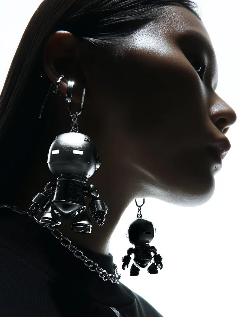 Close-up profile view of a woman's face, dramatically lit in silhouette against a bright background.  She wears large, dangling earrings shaped like small, metallic robots, attached to a chunky chain necklace. The earrings and necklace are a dark, reflective silver.  The overall aesthetic is futuristic and edgy.