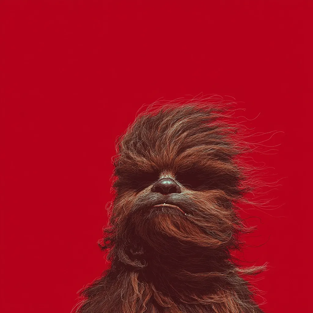 A stylized illustration of Chewbacca, the Wookiee character from Star Wars.  His fur is depicted with individual strands, appearing windblown, against a solid red background. The image focuses on Chewbacca's face and upper body, conveying a serious and slightly grumpy expression. The art style is minimalist, emphasizing linework and texture.