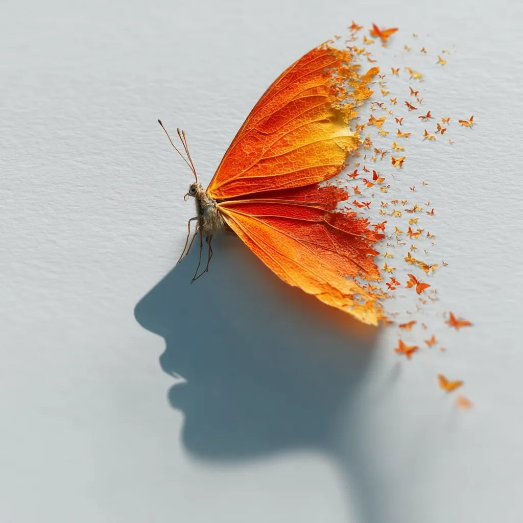 A vibrant orange butterfly, its wings partially disintegrating into a trail of smaller butterflies, casts a shadow resembling a woman's profile.  The image evokes a sense of transformation, fragility, and the ephemeral nature of life. The contrast between the intact butterfly and the dissolving wings creates a visually striking metaphor. The soft, light background enhances the ethereal quality of the artwork.
