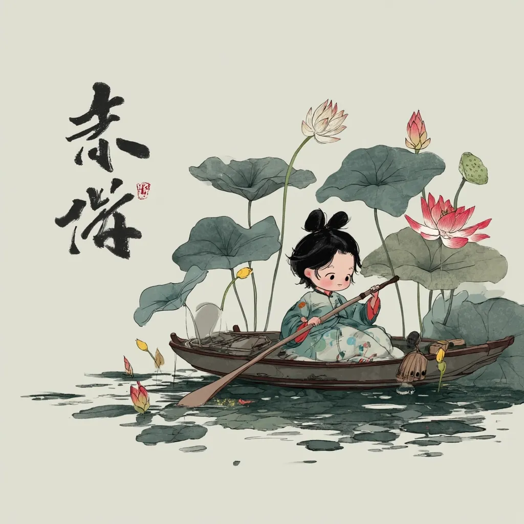 A charming illustration depicts a young girl in traditional East Asian attire, serenely rowing a small boat amidst a pond of vibrant lotus flowers.  Large lotus leaves surround her, creating a tranquil and picturesque scene. The artwork features soft, watercolor-like textures and a delicate color palette, evoking a sense of peace and serenity.  Chinese characters are subtly placed in the upper left corner.