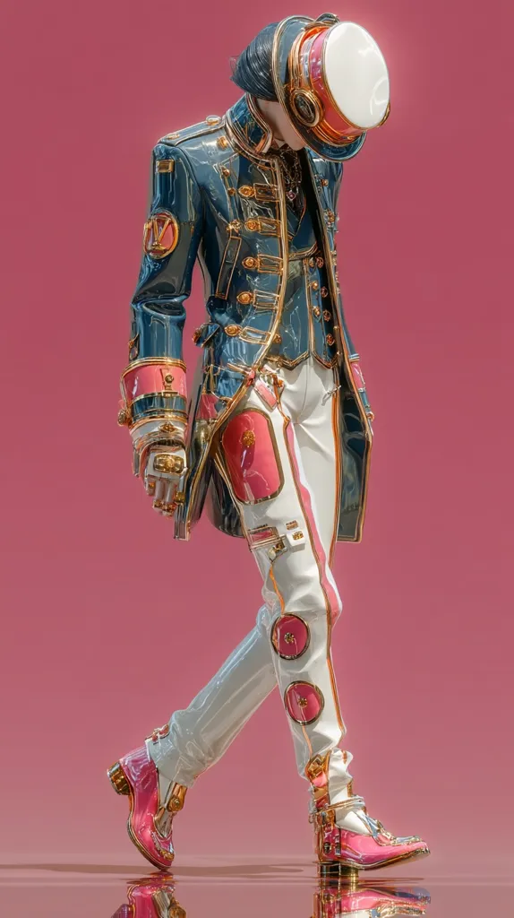A stylized 3D rendering depicts a figure in a futuristic, ornate outfit. The ensemble features a dark teal jacket adorned with gold accents, pink and white pants with metallic detailing, and striking pink boots.  The figure's head is partially obscured by a large, white and gold hat, creating a mysterious and elegant aesthetic against a solid pink backdrop. The overall style blends elements of military, steampunk, and high fashion.