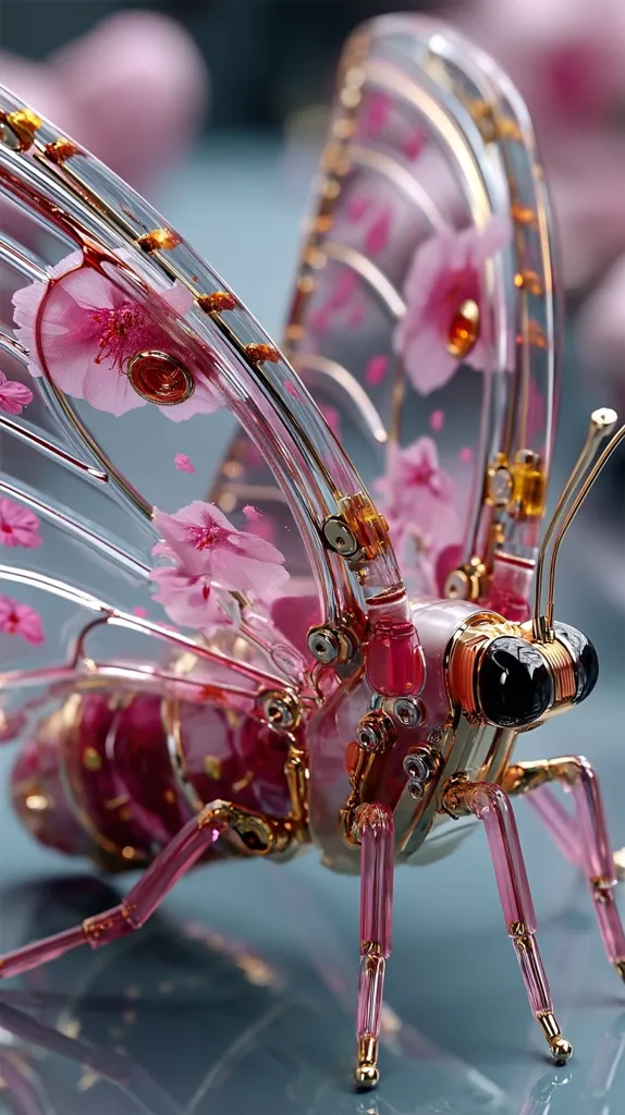A meticulously crafted steampunk butterfly, its wings translucent with embedded pink cherry blossoms.  Intricate gold and pink metallic gears and joints form its body and legs, creating a delicate yet robust structure.  The butterfly rests on a smooth surface, showcasing the artistry and detail of its design. The image evokes a sense of fantasy and precision engineering.